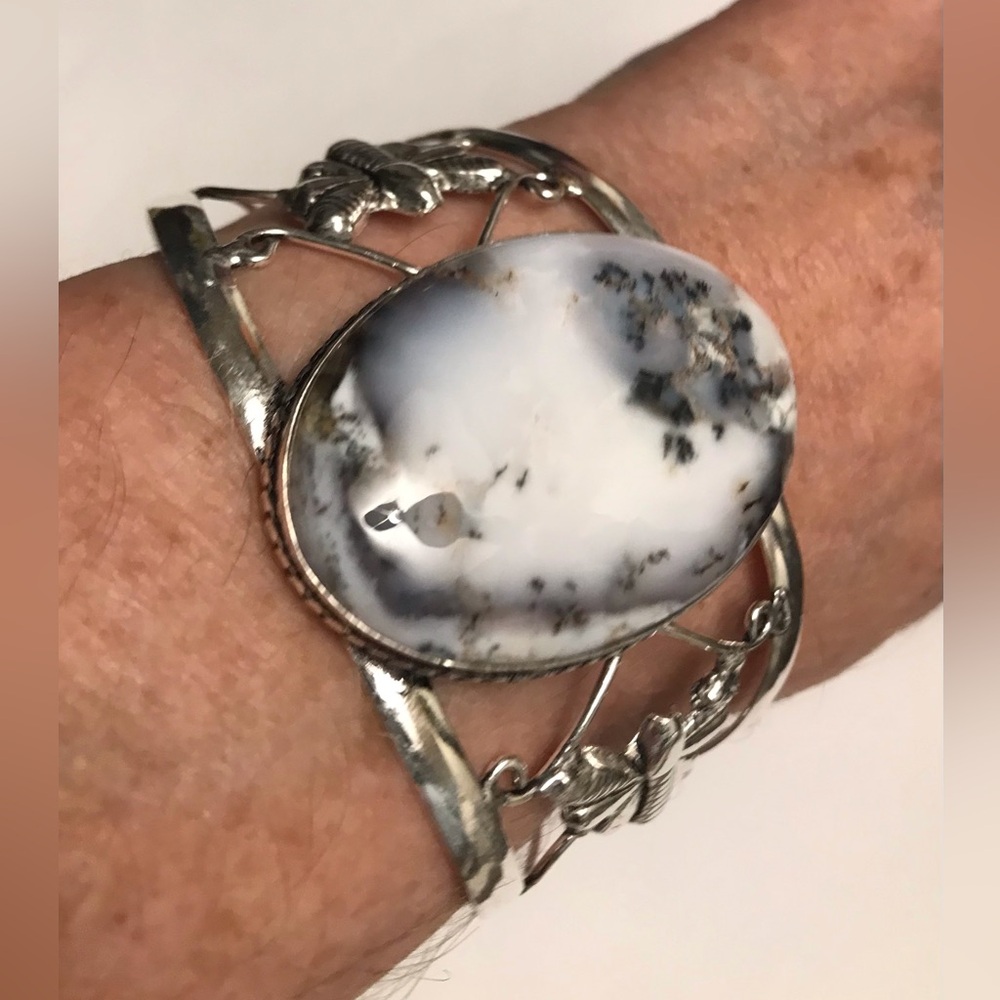 Dendritic Opal Stamped 925 Sterling Silver Cuff Bracelet